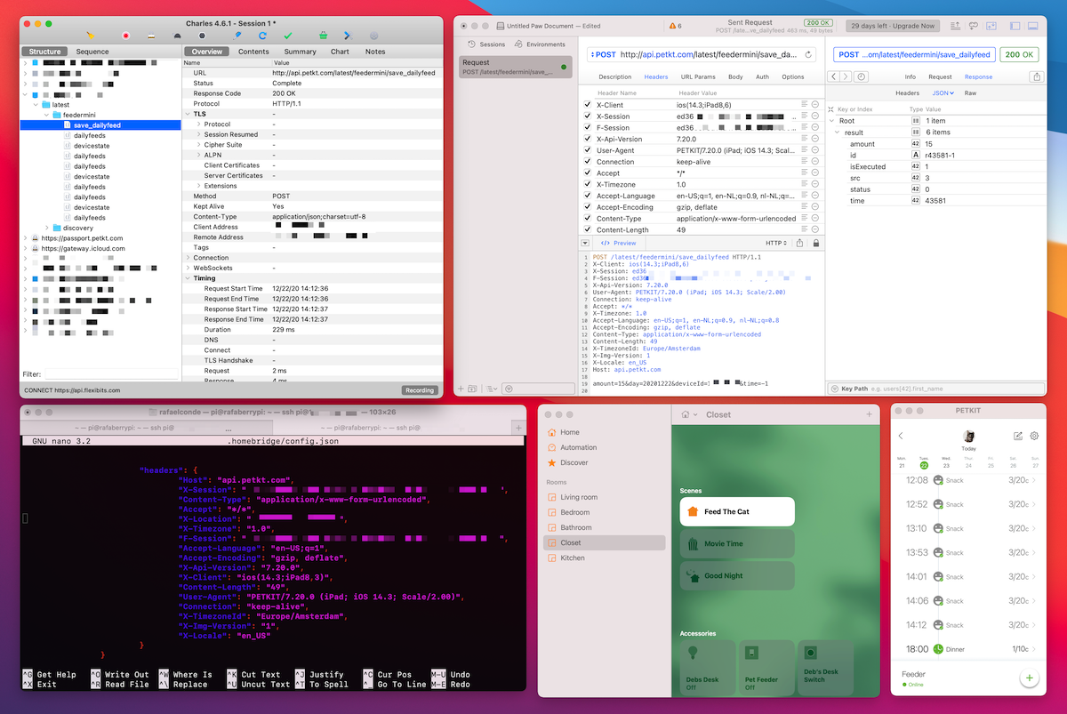 Screenshot of a Mac running Charles, Terminal, Paw, Petkit, and Home.